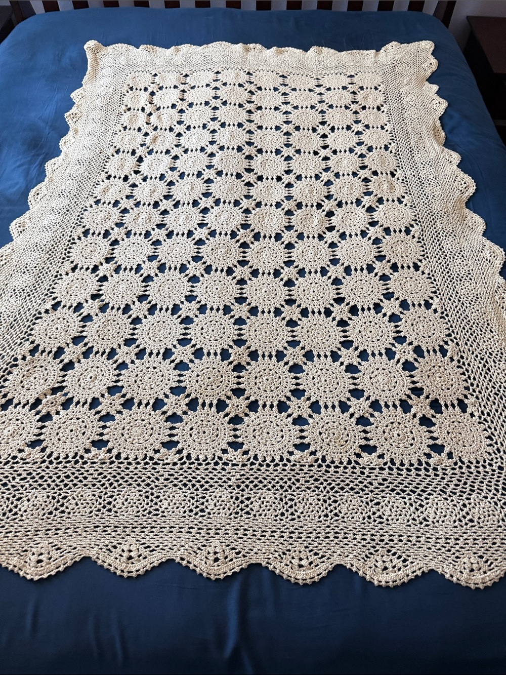 Vintage Handmade Cream Cotton Crochet Bed Throw